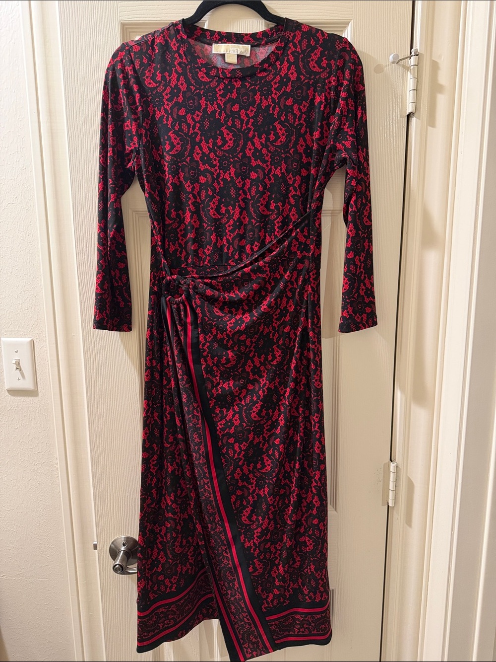 MICHAEL Michael Kors Black and Red Long-Sleeve Faux-Wrap Midi Dress